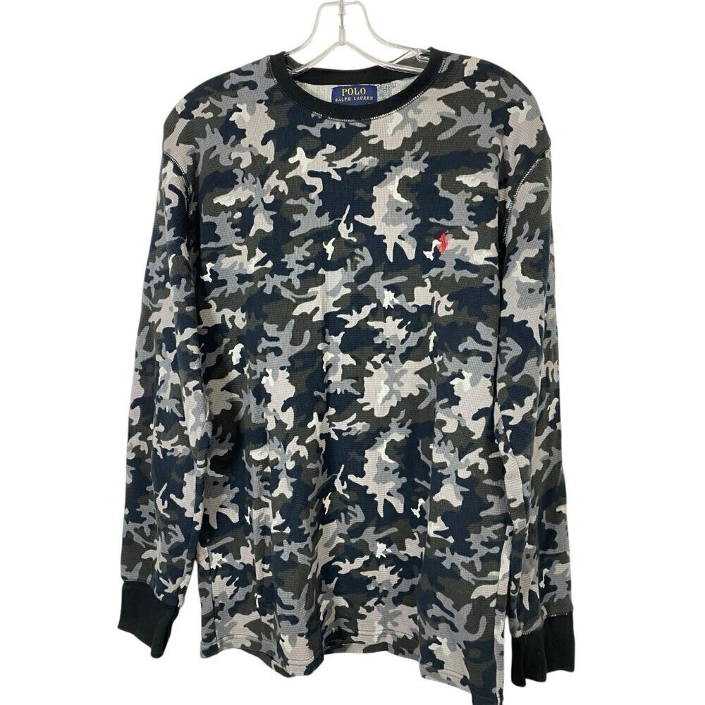 Polo Ralph Lauren Black Grey Camo Long Sleeve Tee Size Large Cotton Waffle Knit